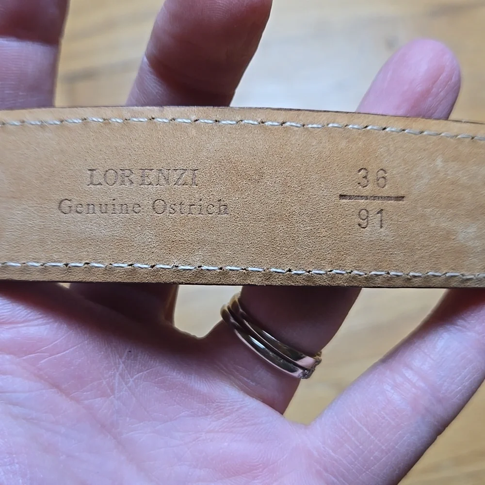 Lorenzi deep red genuine ostrich silver buckle belt, sz 36
